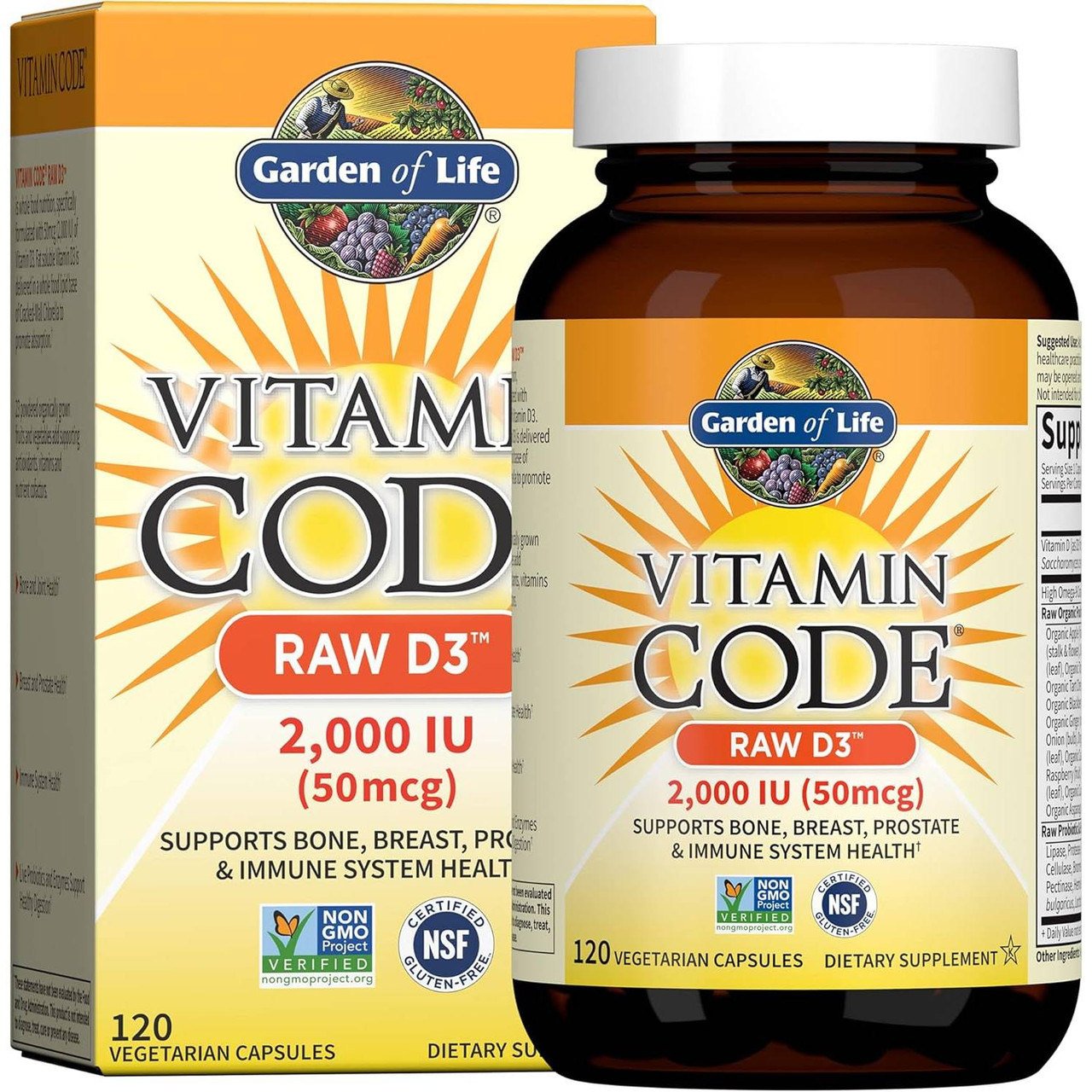 Garden of Life Vitamin Code RAW D3 2,000 IU 120 vegetarian capsule box and bottle