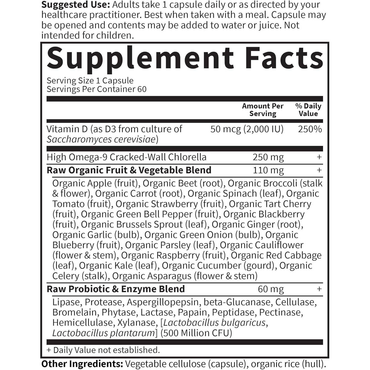 Vitamin Code RAW D3 supplement facts for 60 capsules, 2,000 IU with fruit, vegetable, probiotic and enzyme blends