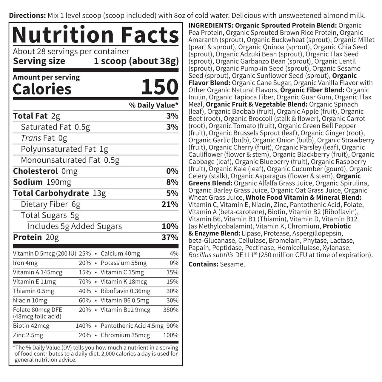 RAW Organic Meal nutrition facts and ingredients, 28 servings
