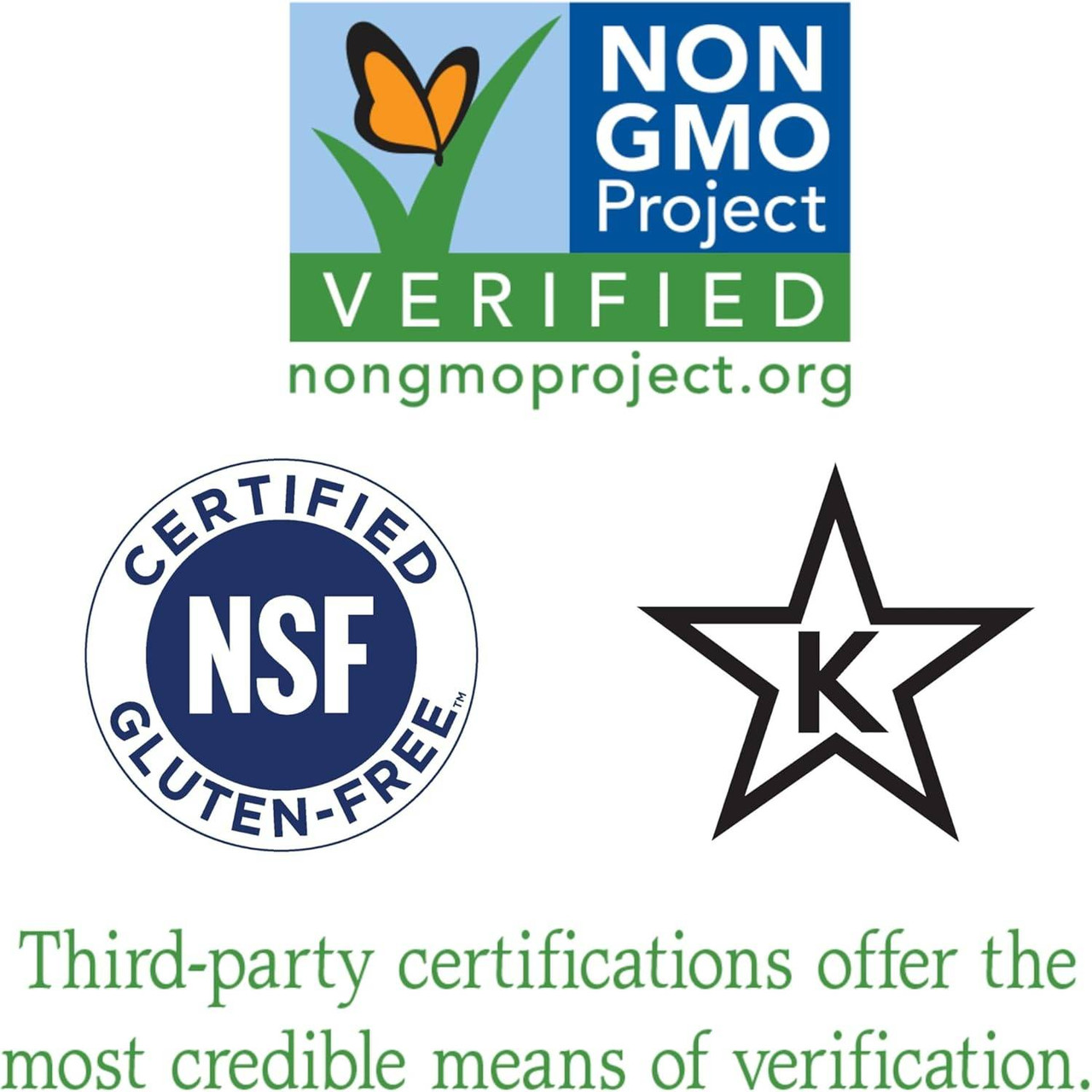 Non-GMO Project Verified, NSF certified gluten-free and kosher certification logos