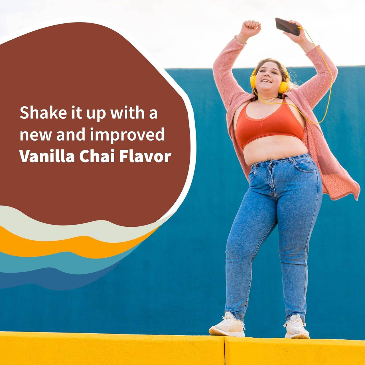 Woman holding a shaker, shake it up with new and improved Vanilla Chai flavor