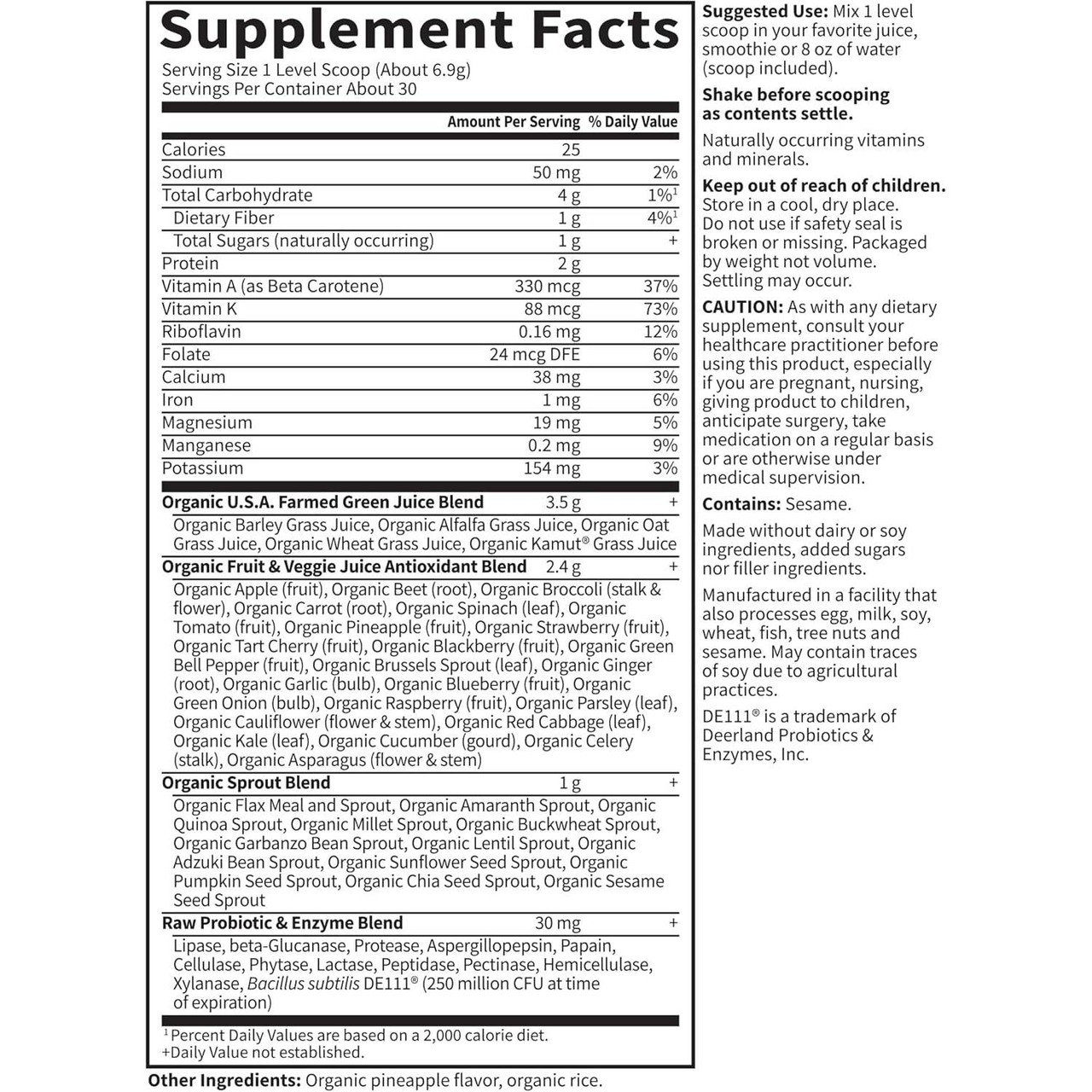 Perfect Food Green Superfood supplement facts with suggested use