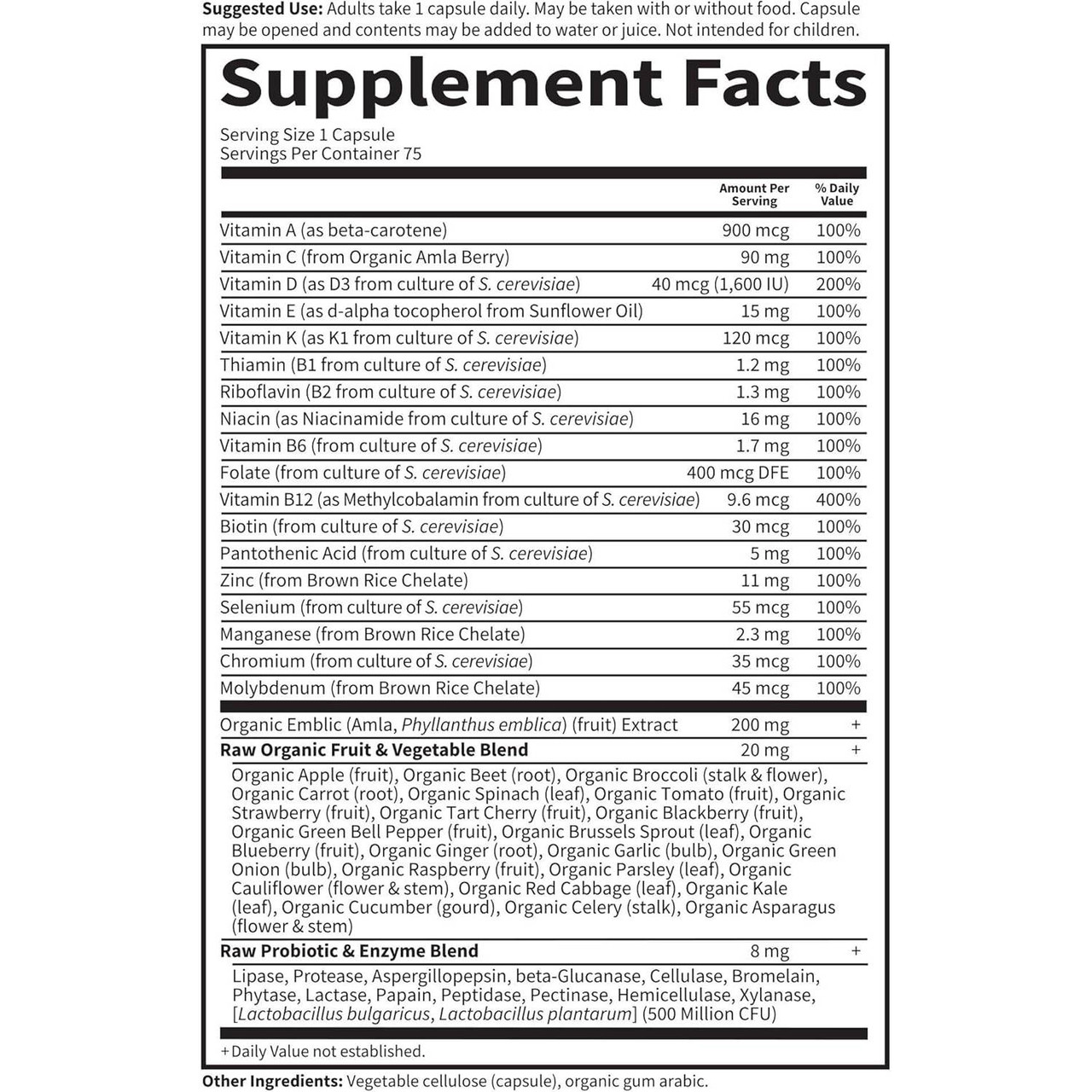 RAW One for Men 75 capsule supplement facts panel