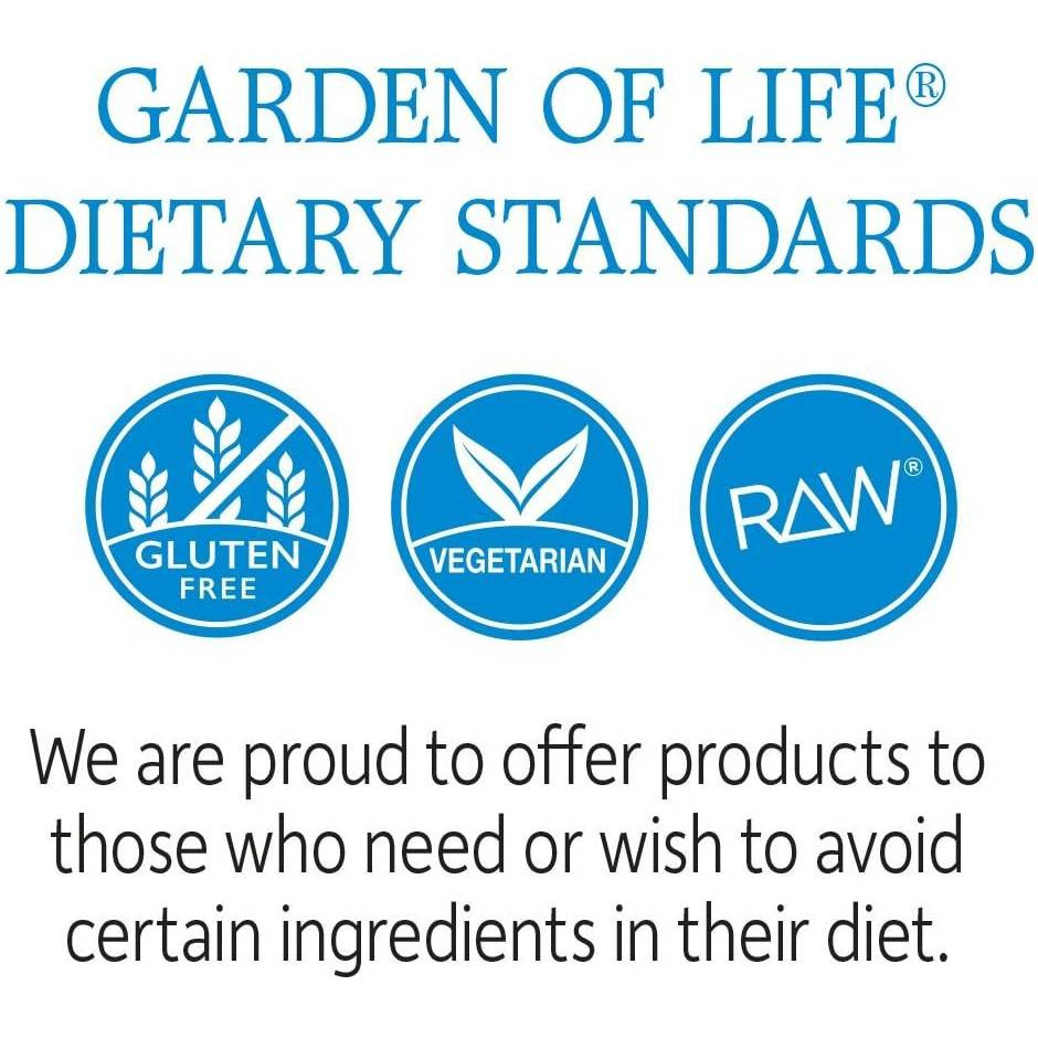 Garden of Life dietary standards graphic with gluten free, vegetarian and RAW icons