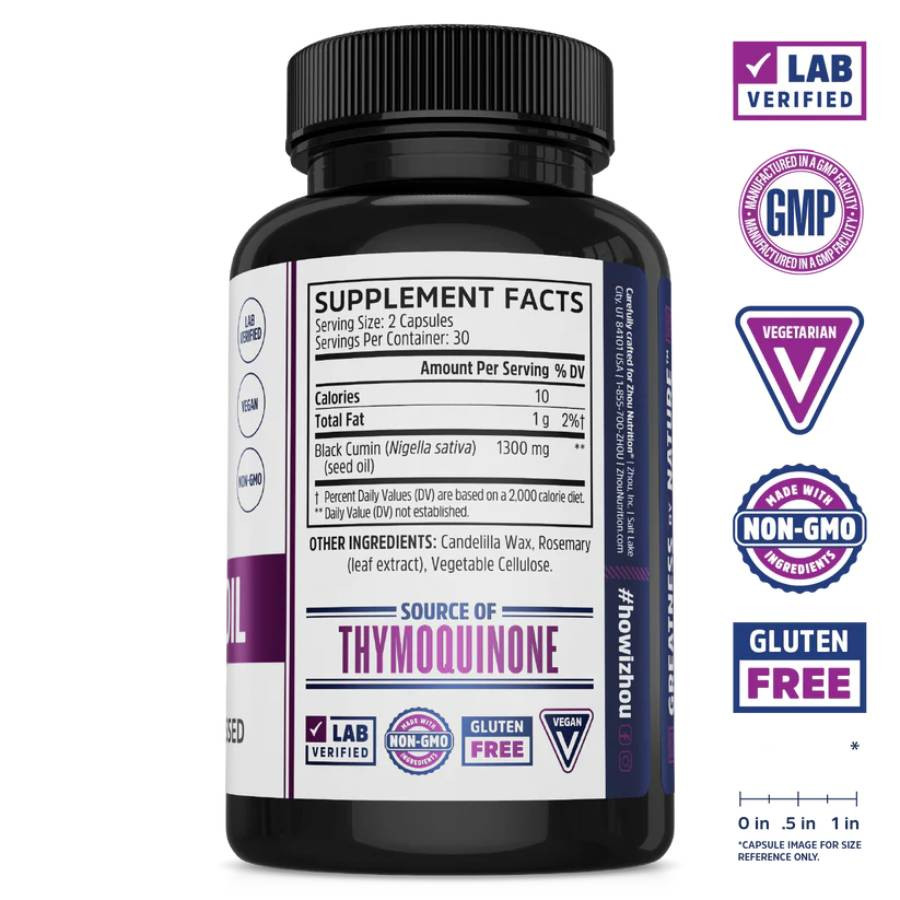 Black Seed Oil bottle back with supplement facts and lab verified, GMP, non-GMO and gluten free badges