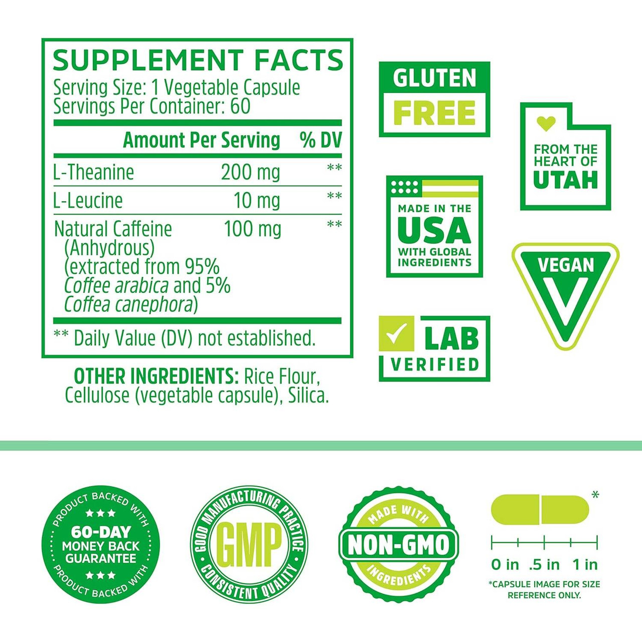 Energy + Focus supplement facts with L-theanine, L-leucine and natural caffeine, with quality badges
