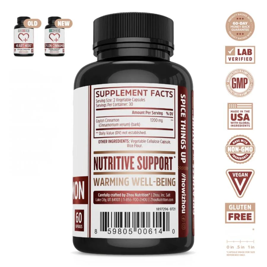 ZHOU Ceylon Cinnamon bottle with supplement facts and quality badges