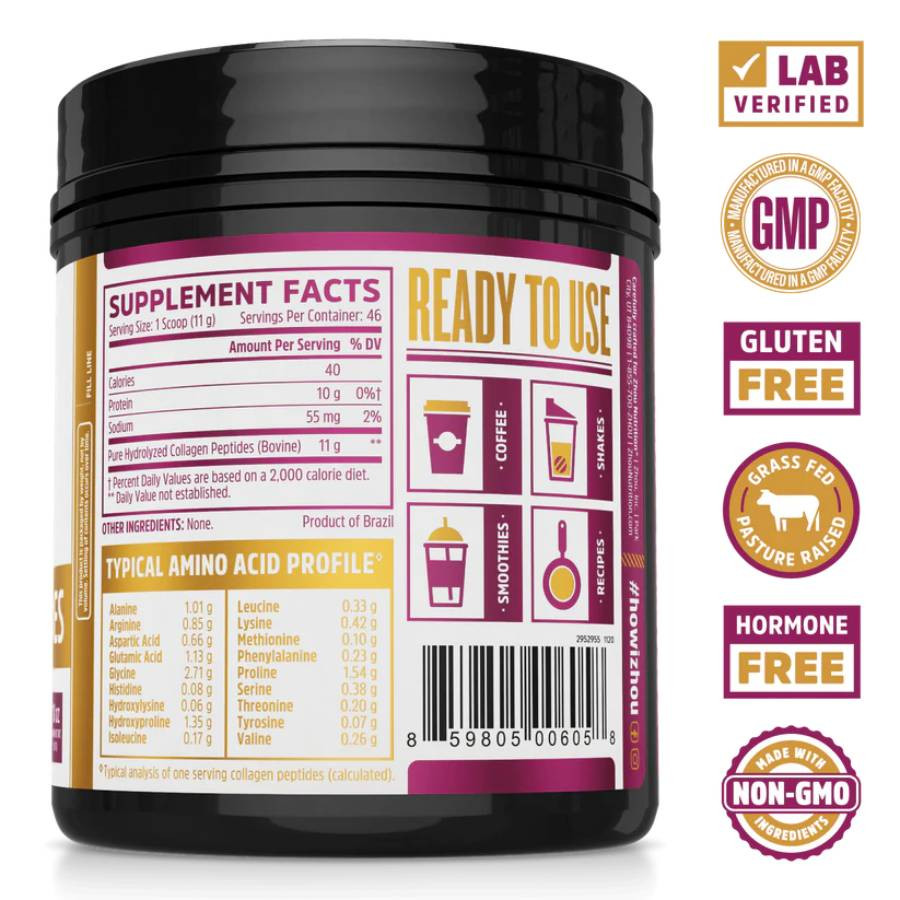 Back of Collagen Peptides tub with supplement facts, amino acid profile and quality badges