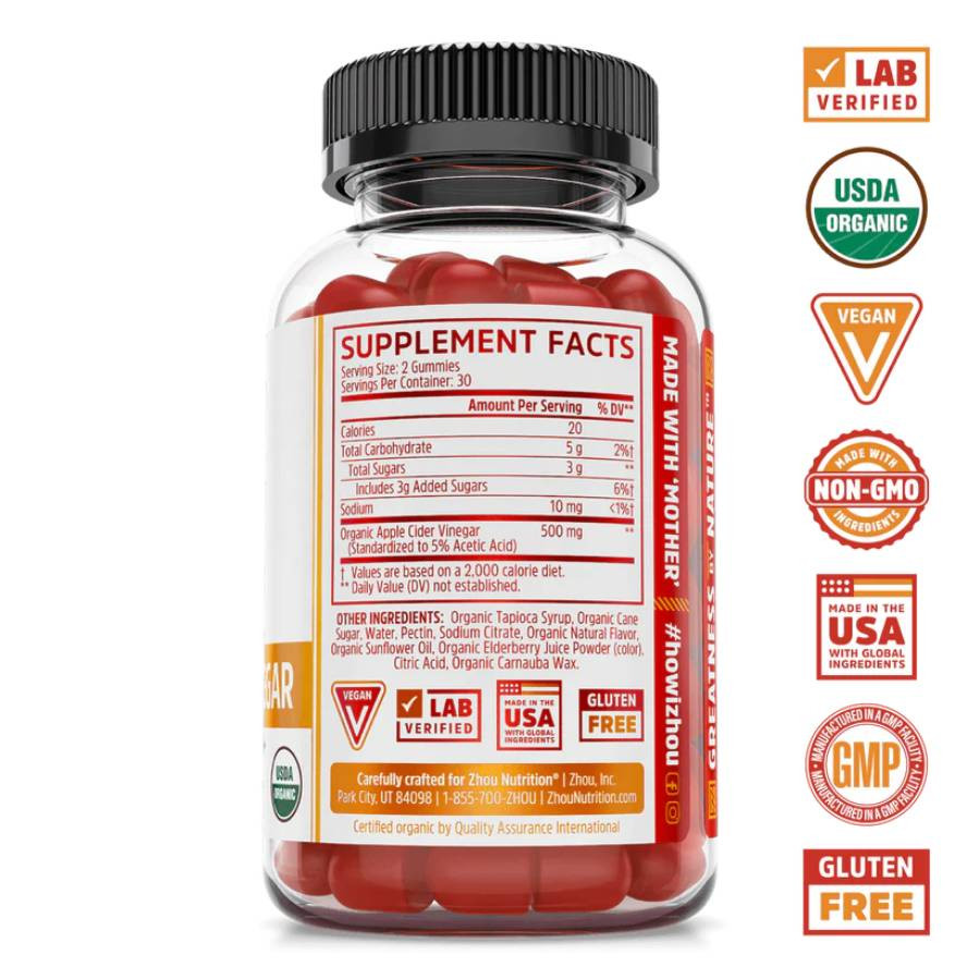 Back of Apple Cider Vinegar gummies bottle with supplement facts and quality badges