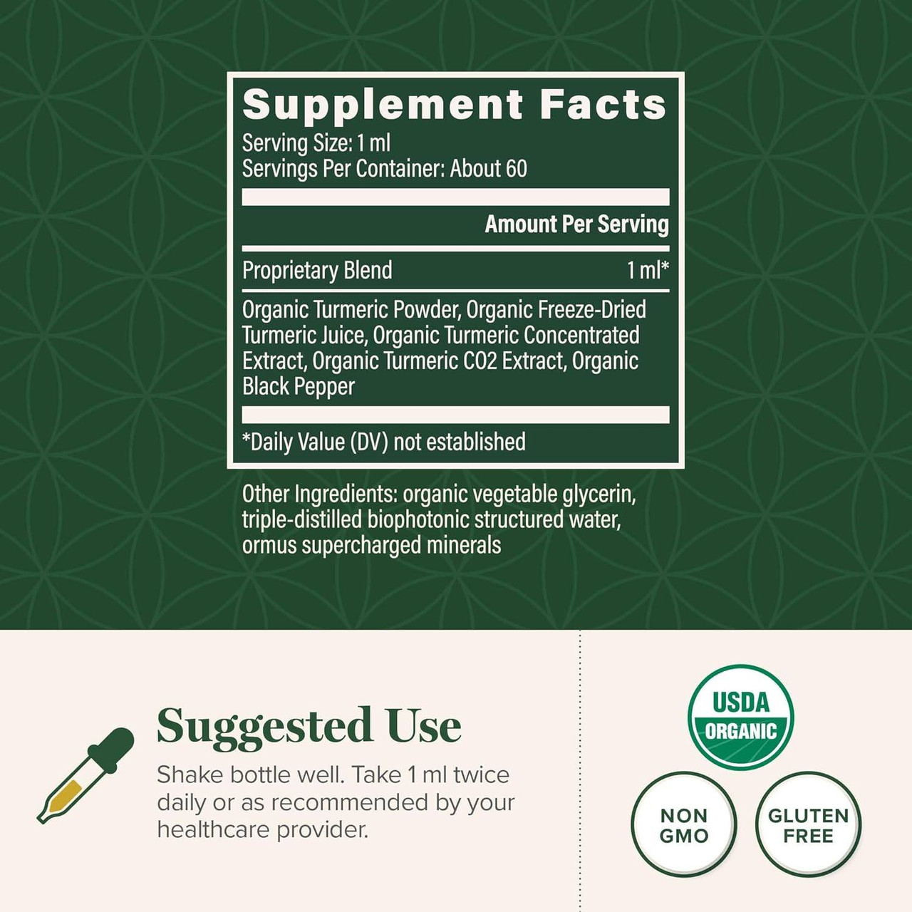 Organic Liquid Turmeric supplement facts and suggested use with USDA Organic, non-GMO and gluten-free icons