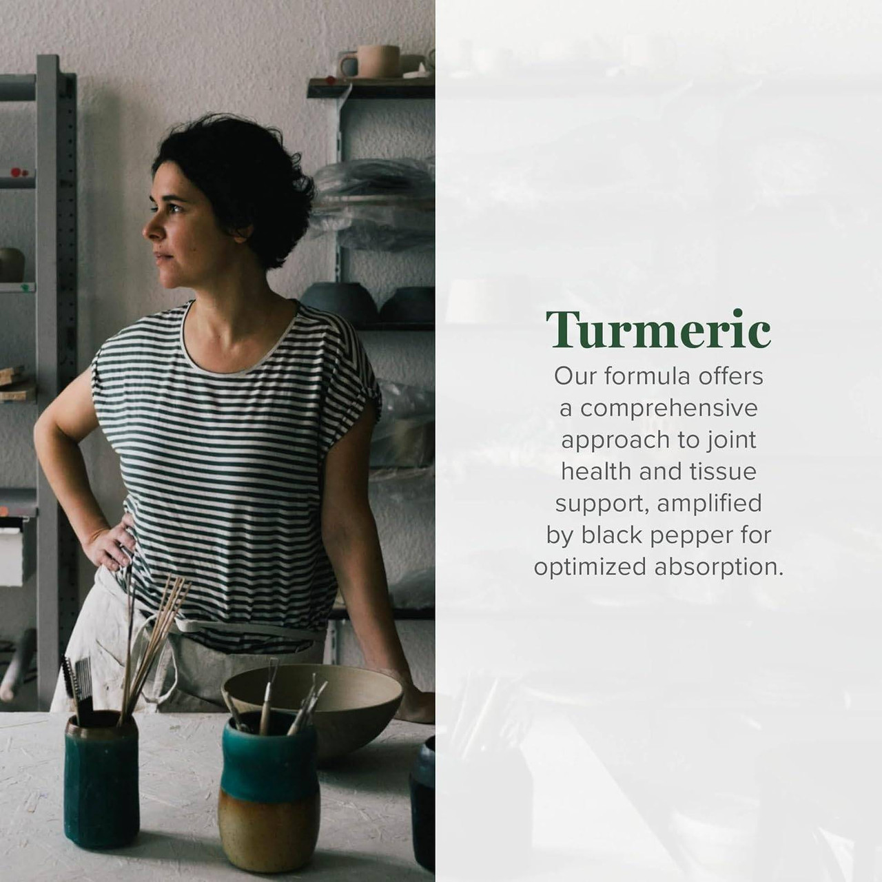 Woman at a pottery workbench, Turmeric formula graphic