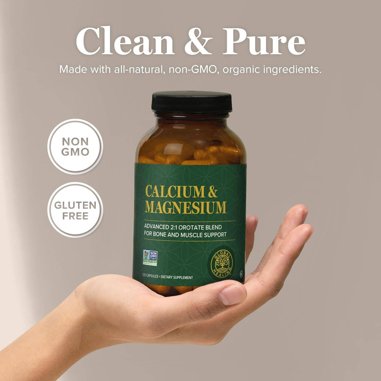Hand holding Calcium & Magnesium bottle, clean & pure non-GMO and gluten-free graphic