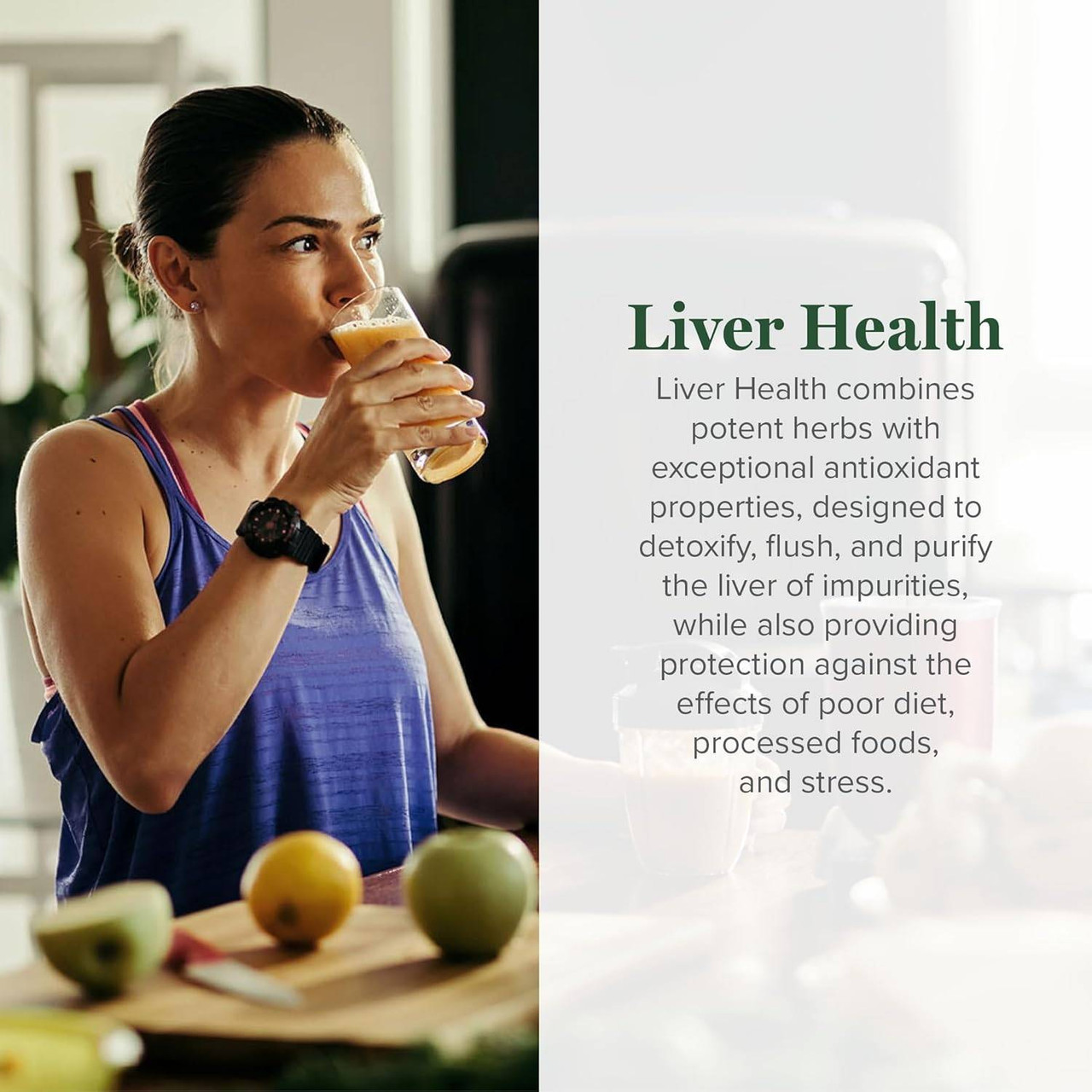Woman drinking juice in a kitchen, Liver Health description