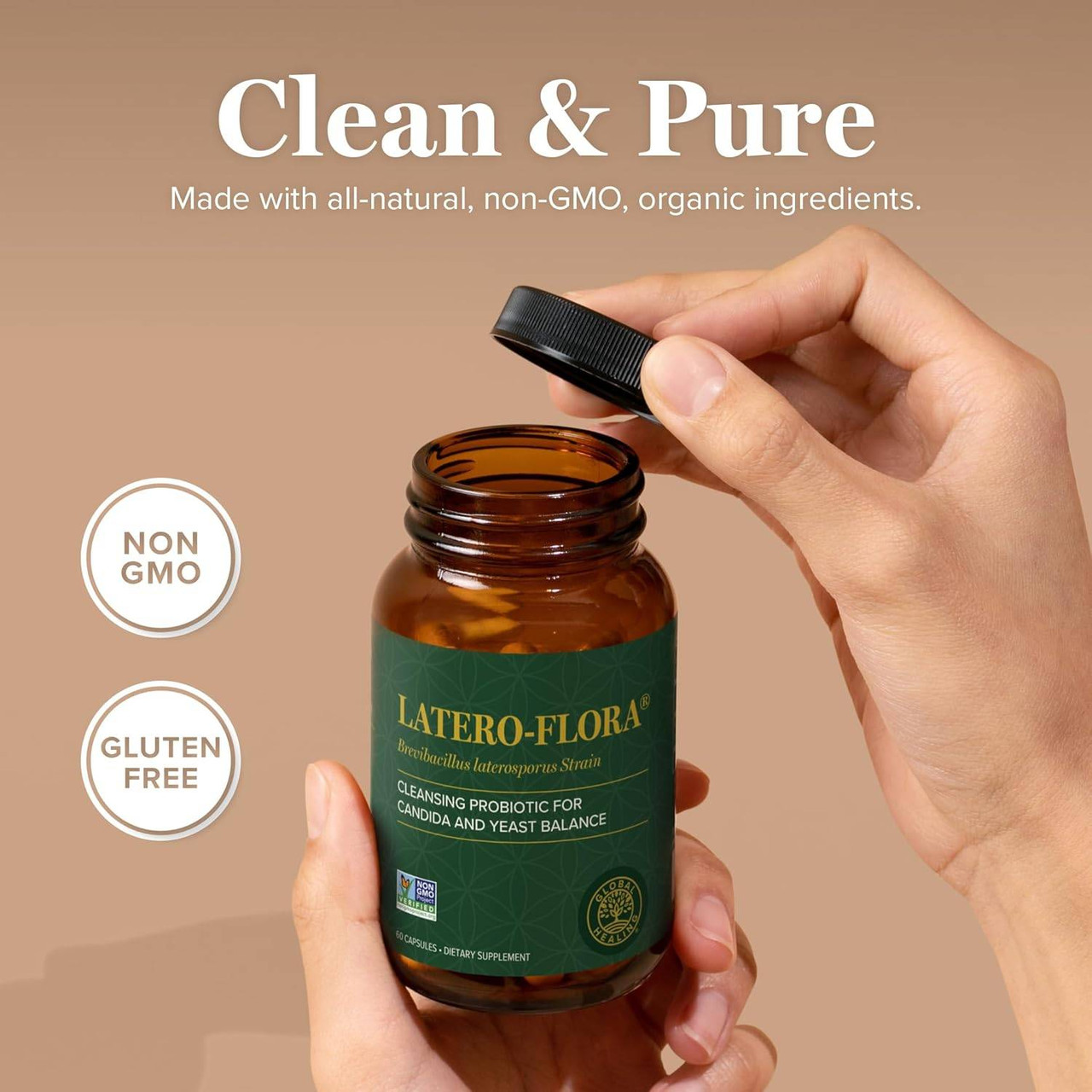 Hands opening Latero-Flora bottle, clean and pure with non-GMO and gluten-free icons