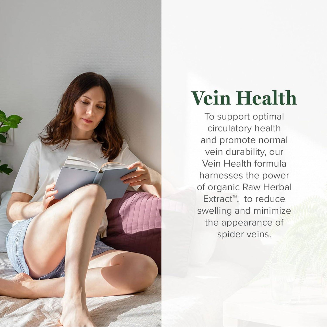 Woman reading on a sofa beside Vein Health product description
