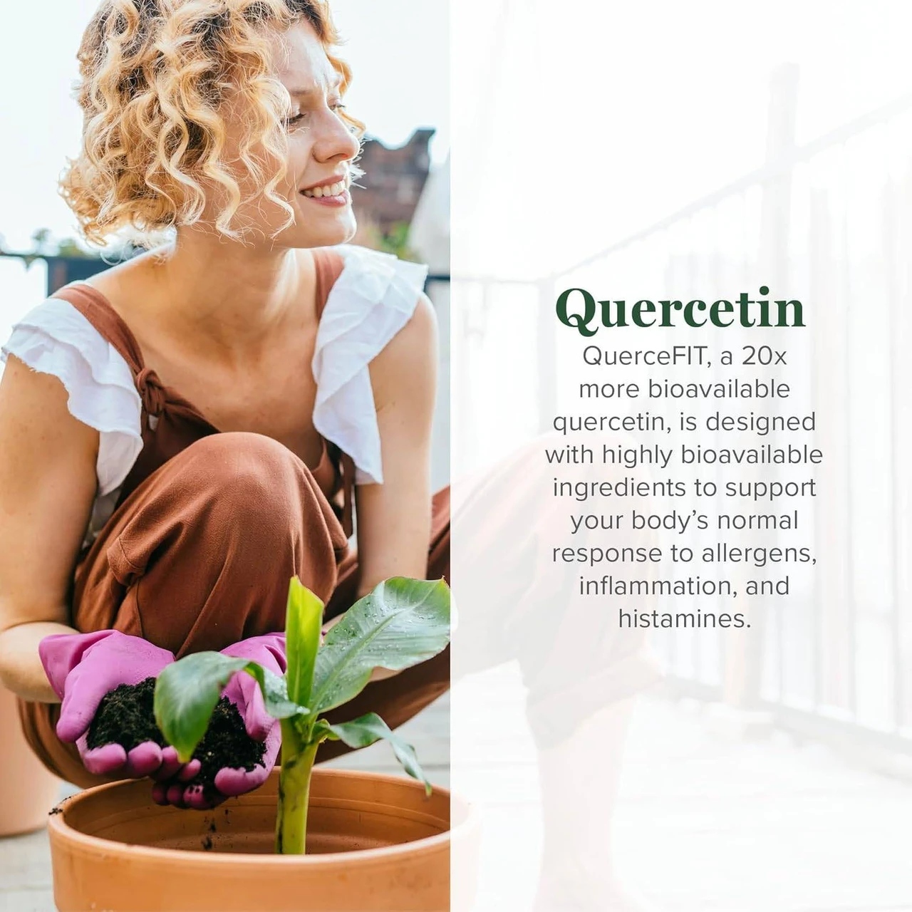 Woman tending a plant, QuercefIT bioavailable quercetin graphic