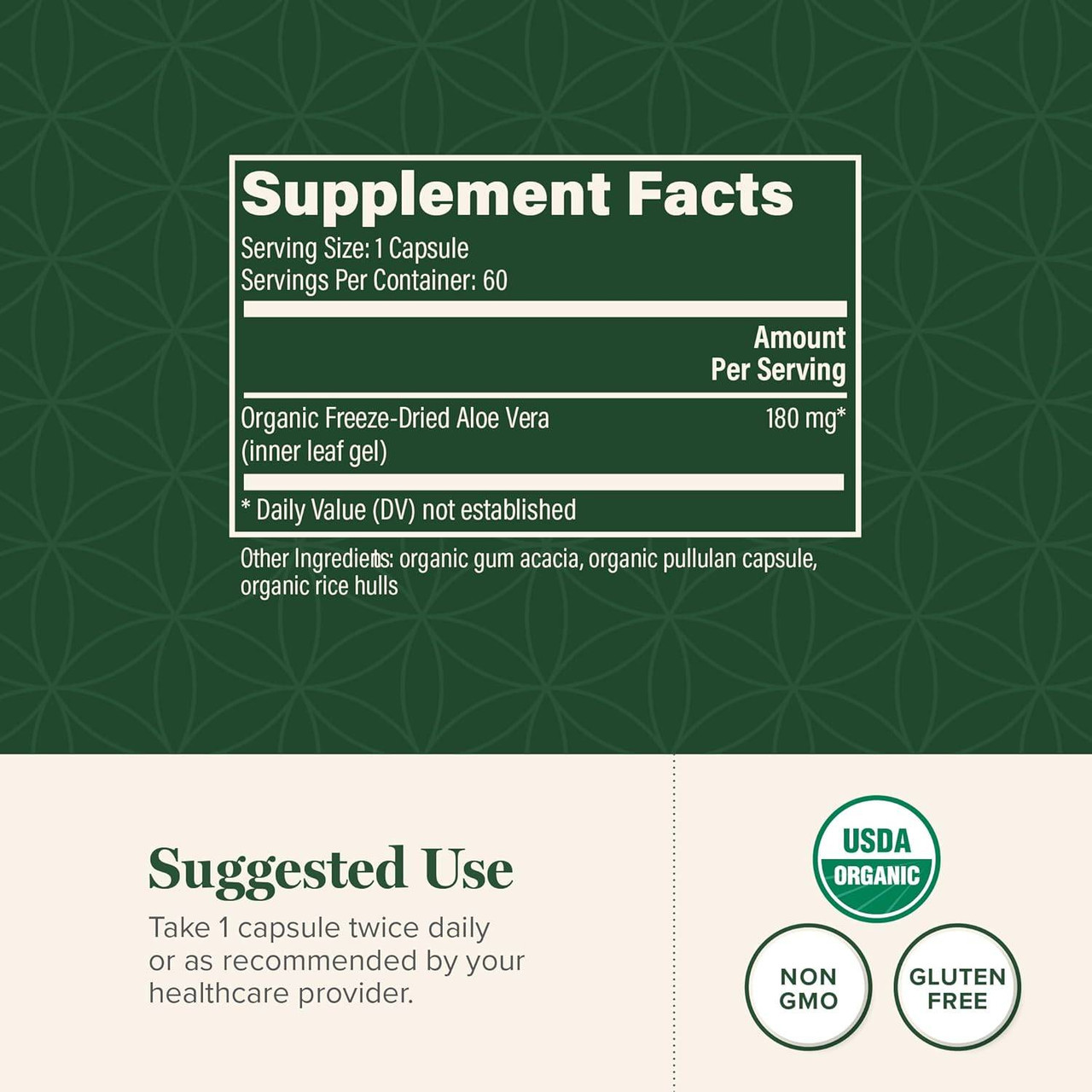 Aloe Vera supplement facts and suggested use with organic and non-GMO icons