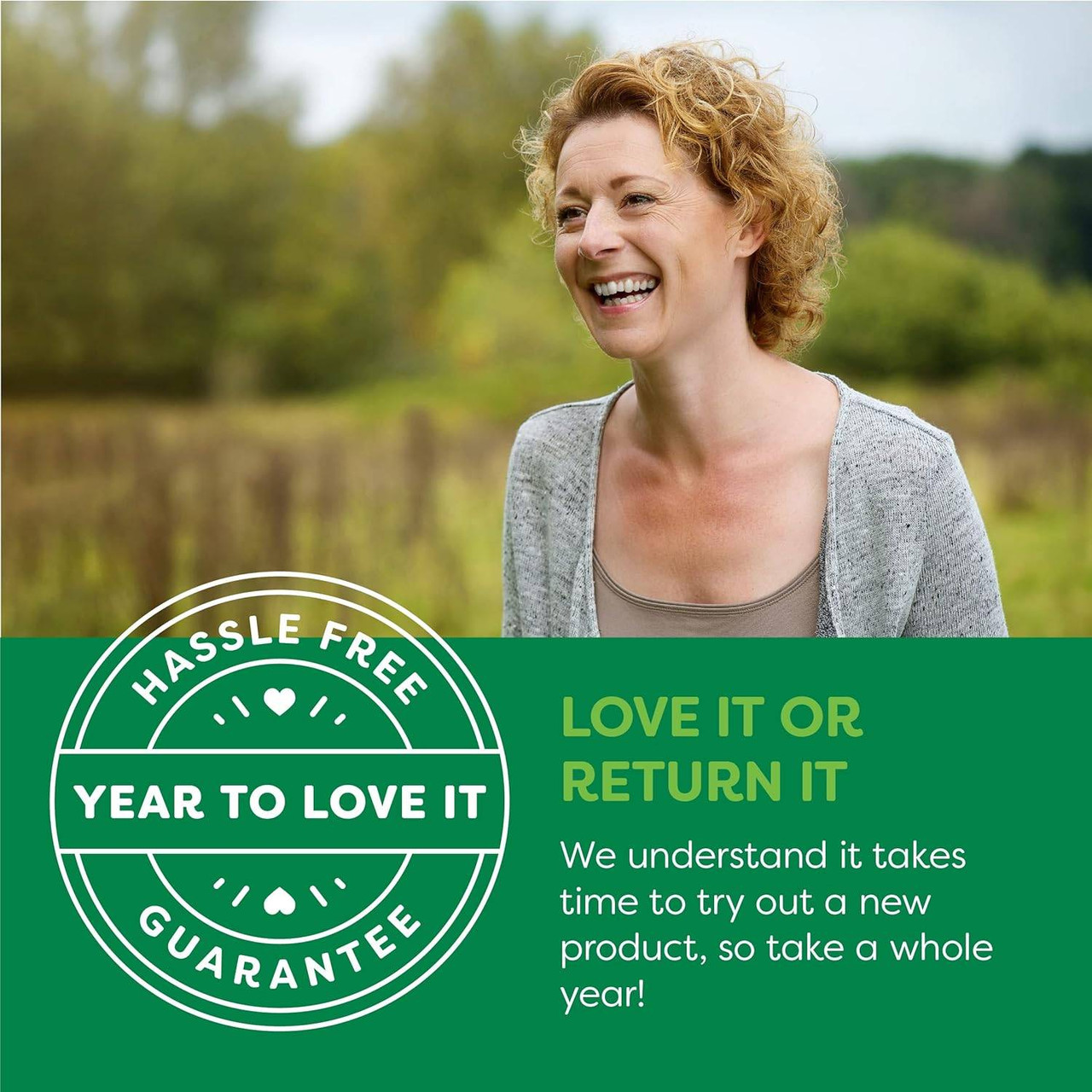 Smiling woman outdoors, love it or return it year to love it guarantee