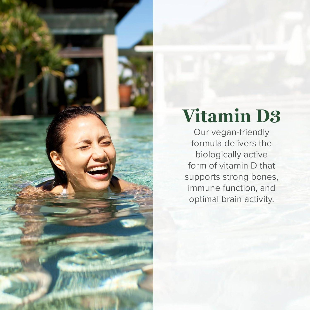 Smiling woman in a pool, vegan-friendly Vitamin D3 graphic