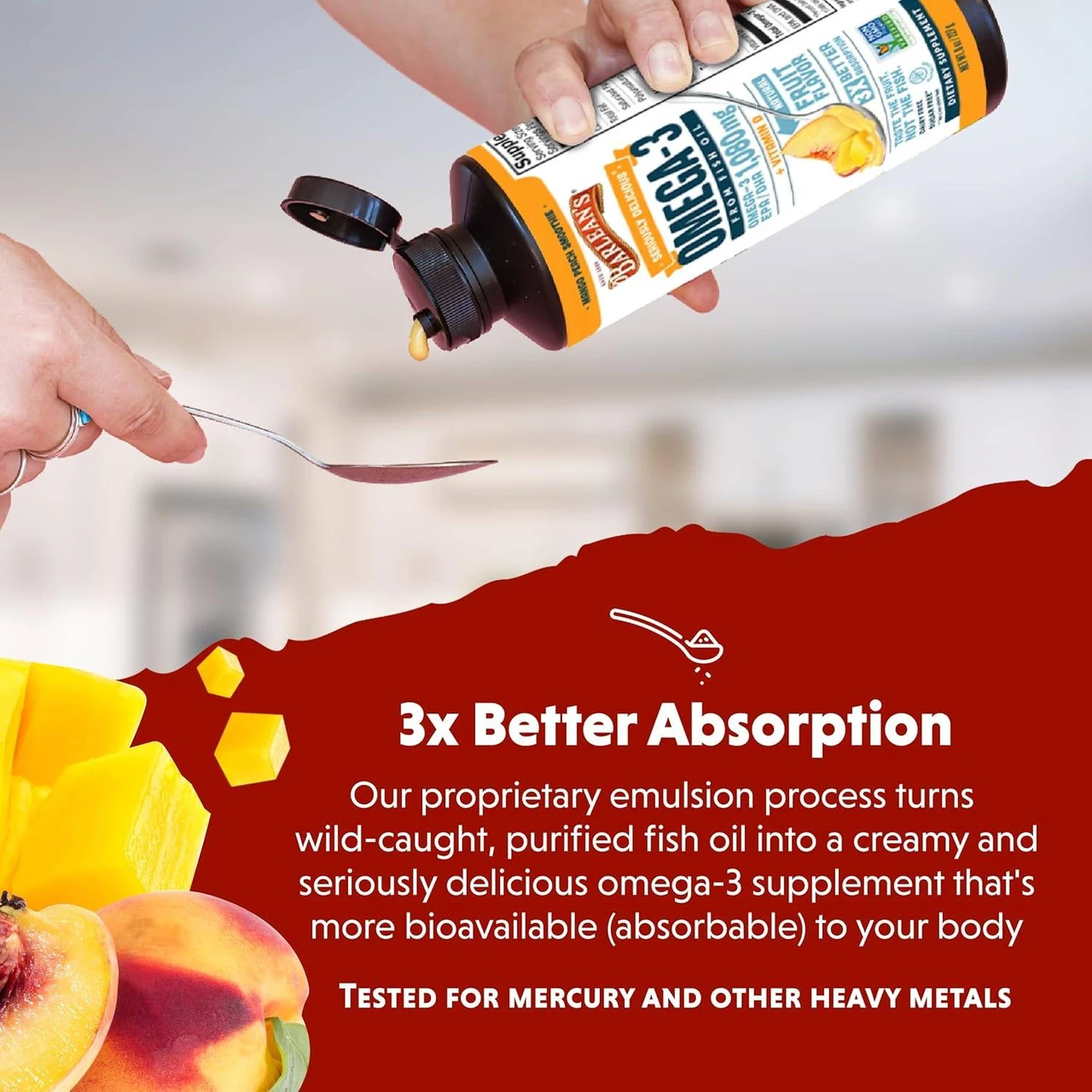 Pouring fish oil onto a spoon, 3x better absorption emulsion graphic