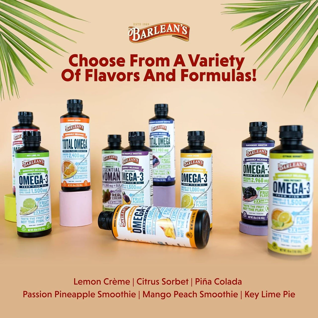 Barlean's Omega-3 bottles in assorted flavors, choose from a variety of flavors graphic
