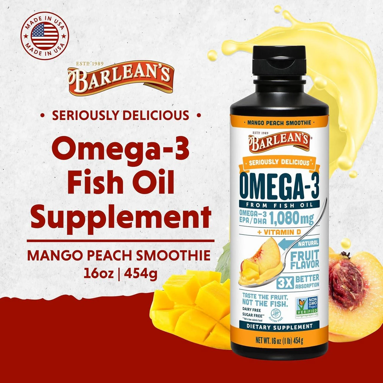 Barlean's Omega-3 Fish Oil Mango Peach Smoothie 16 oz bottle with mango and peach slices