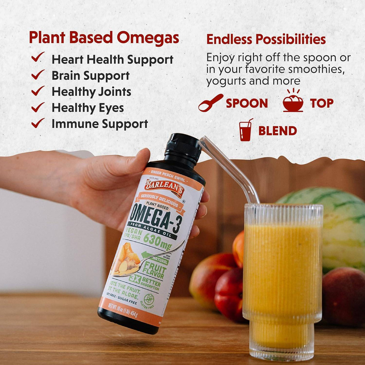 Barleans Organic Oils Seriously Delicious Omega-3 from Algae Oil Ginger Peach - 454 Grams