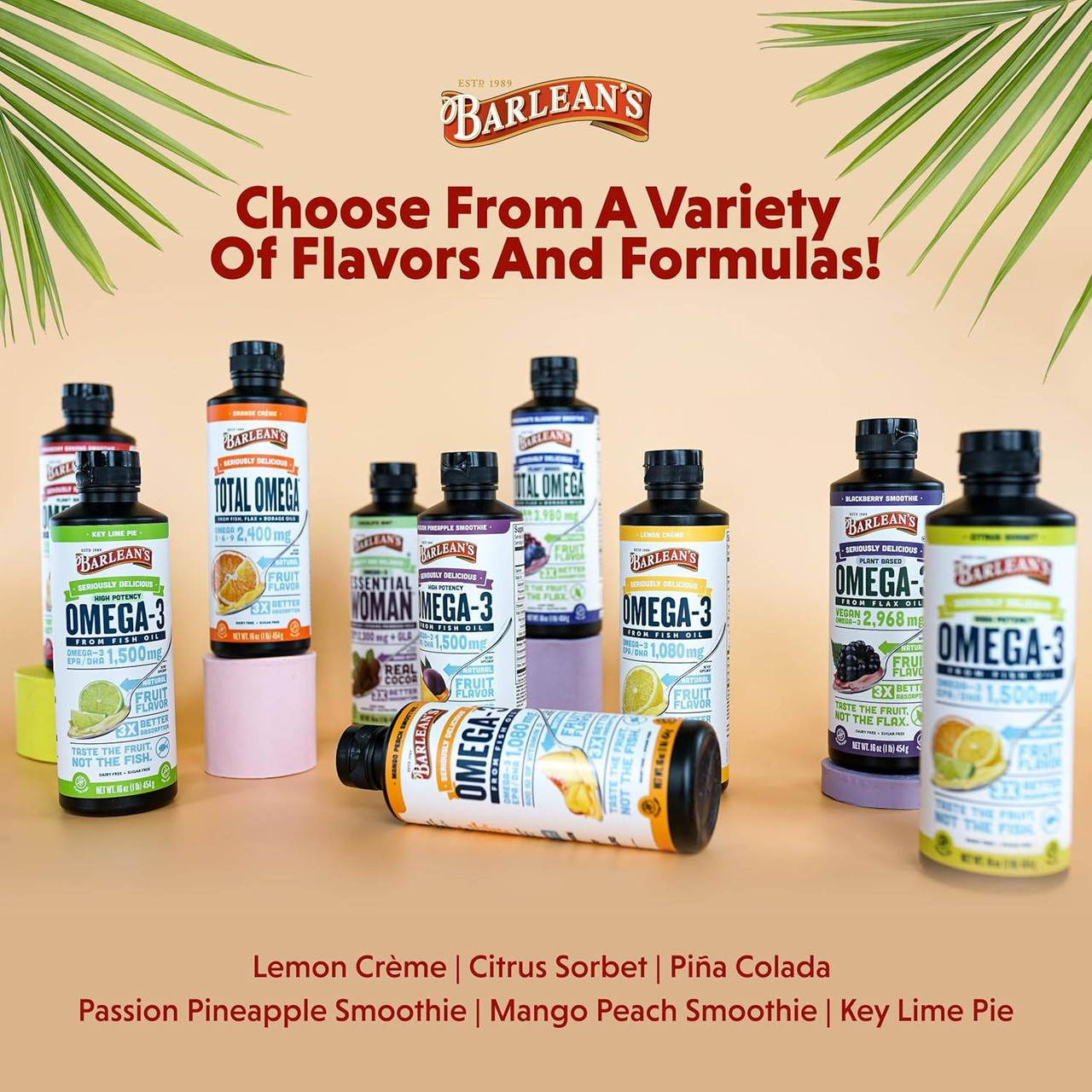 Barlean's Omega-3 bottles in assorted flavors, choose from a variety of flavors graphic