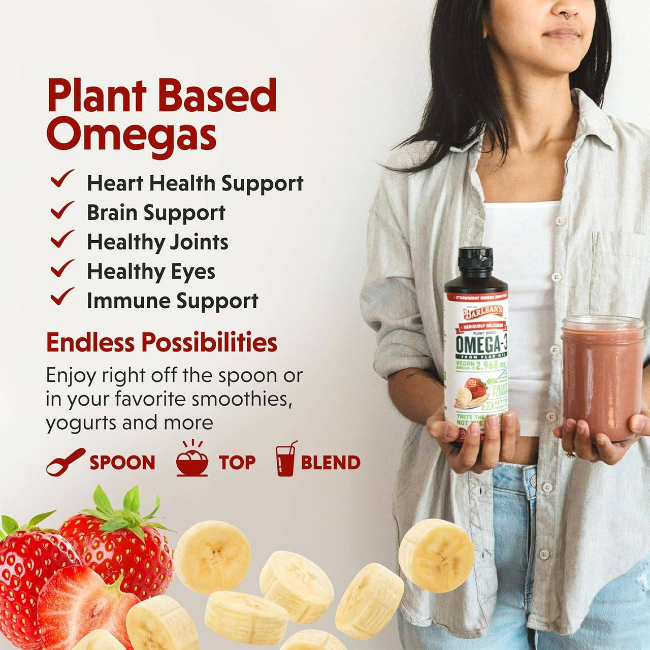 Woman holding the bottle and a smoothie, plant based omegas serving ideas graphic