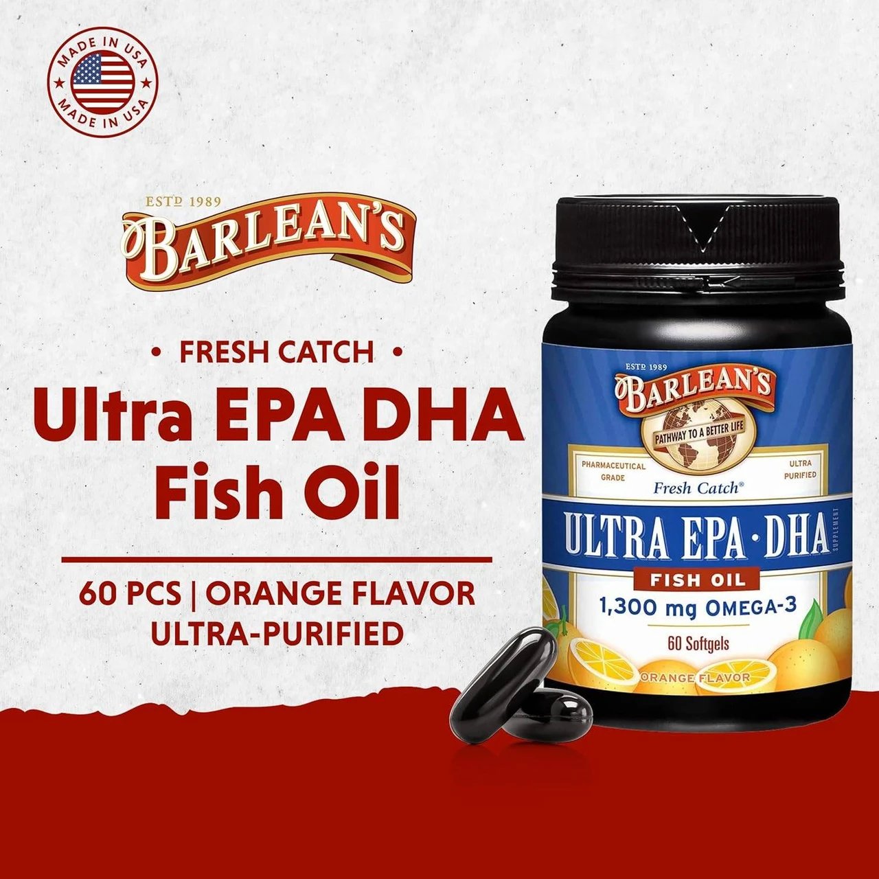 Ultra EPA DHA jar with softgels, 60 pcs orange flavor ultra-purified graphic