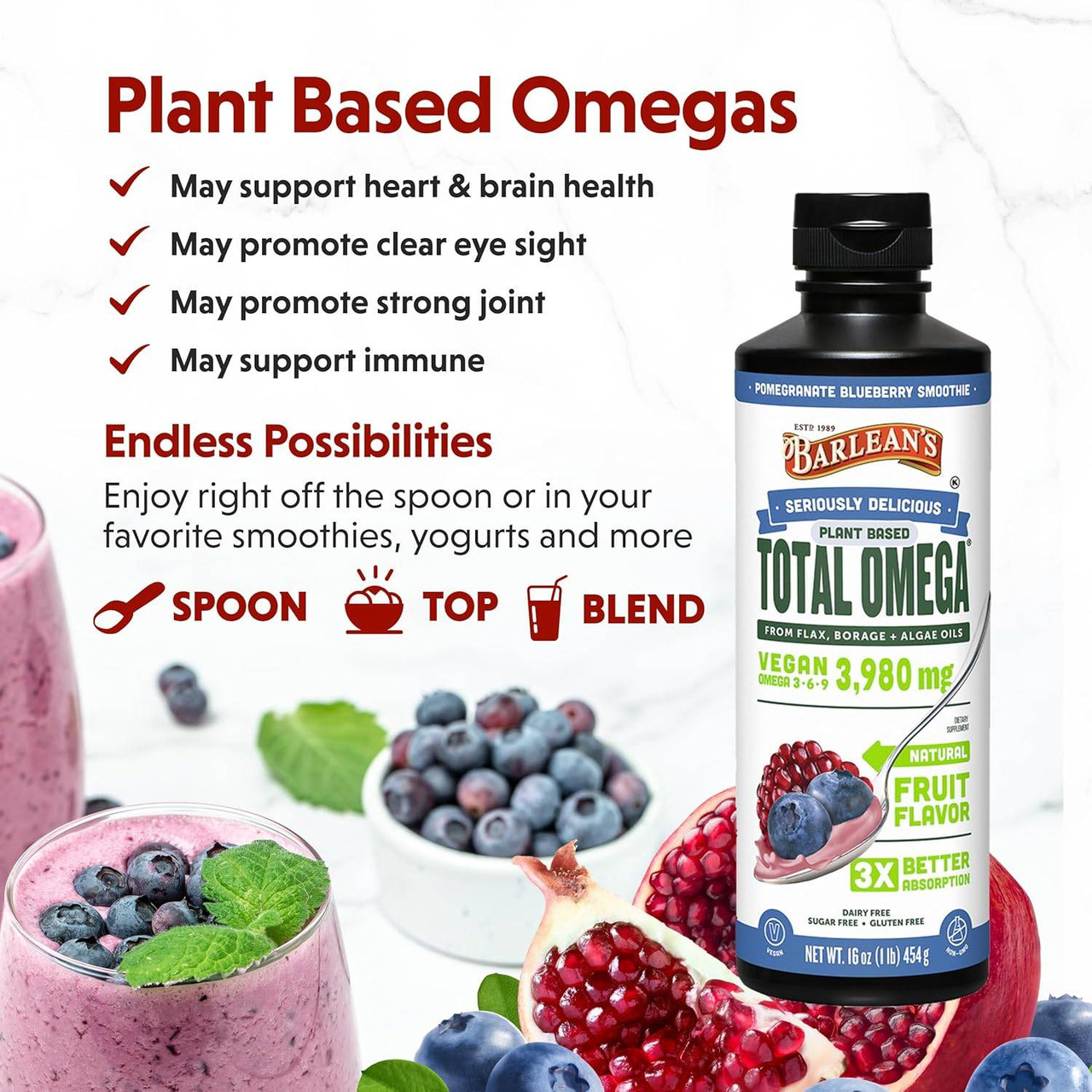 Total Omega bottle with a berry smoothie, spoon, top or blend serving ideas