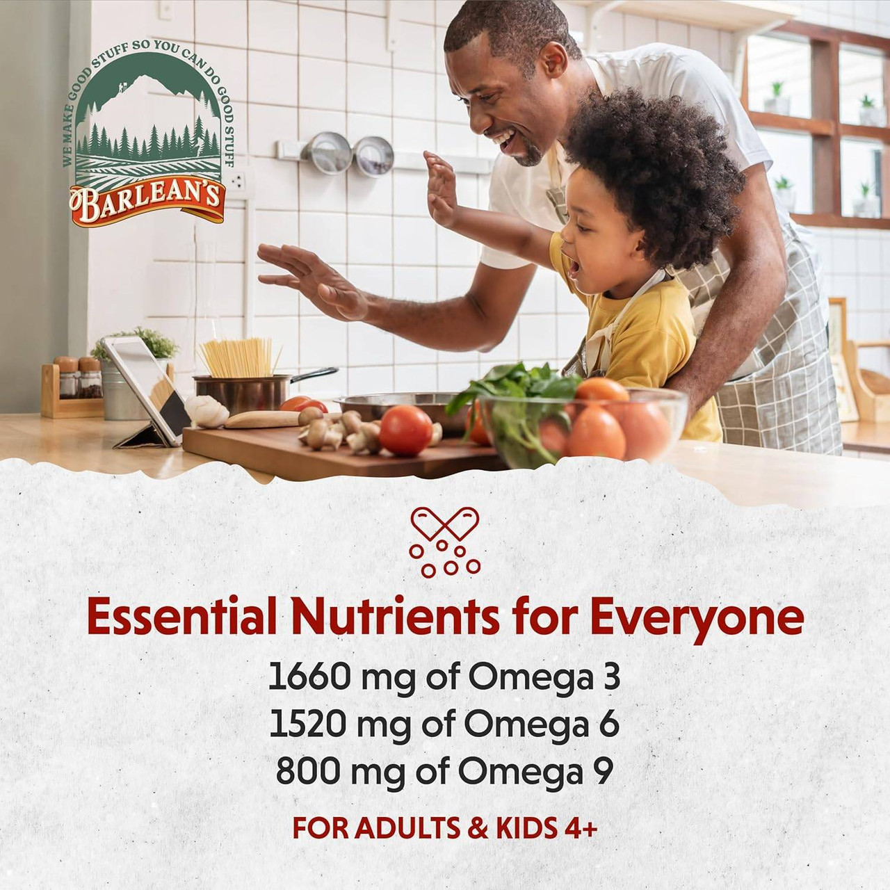 Father and child cooking, essential nutrients for everyone omega 3, 6 and 9 amounts graphic