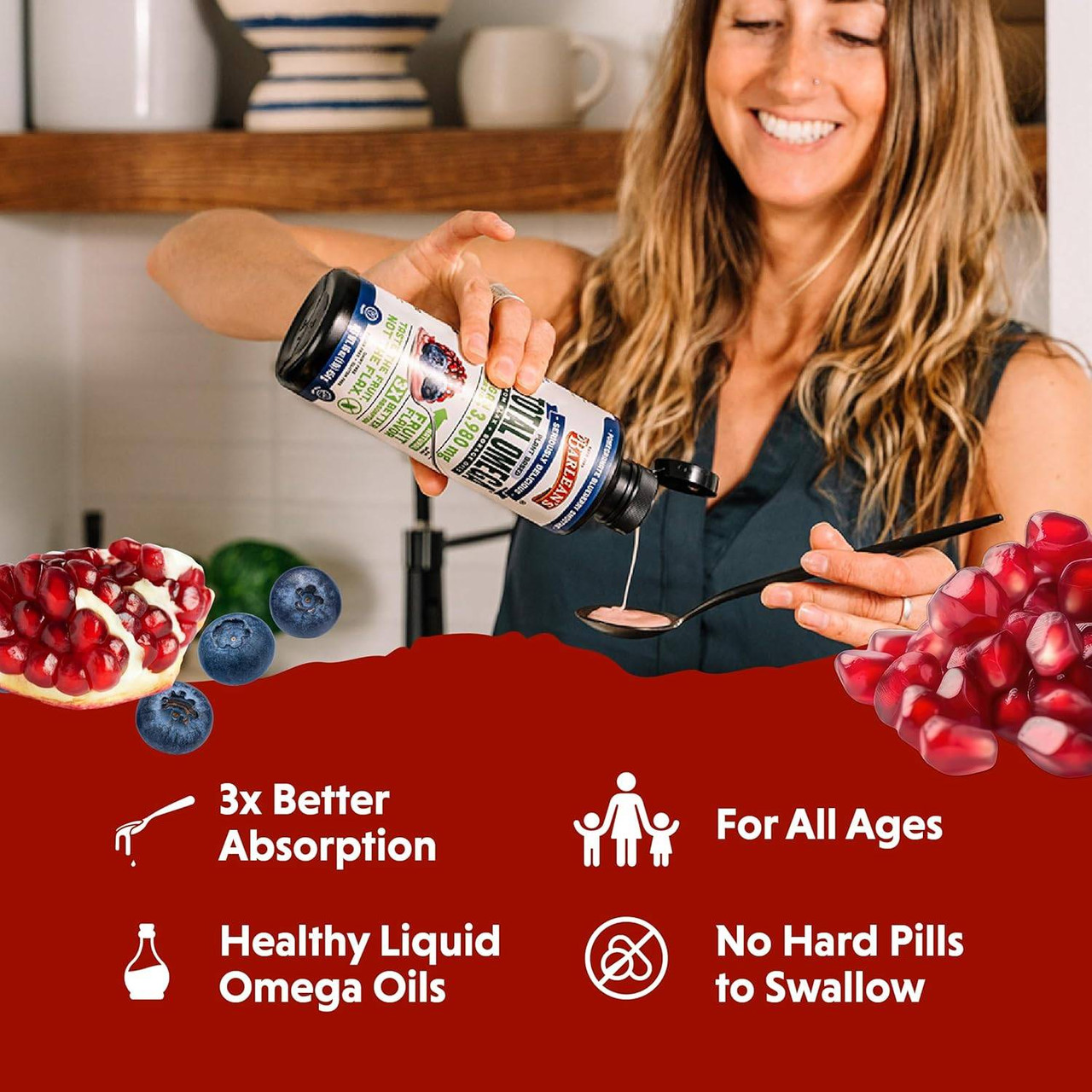 Woman pouring Total Omega onto a spoon with 3x better absorption and no hard pills icons
