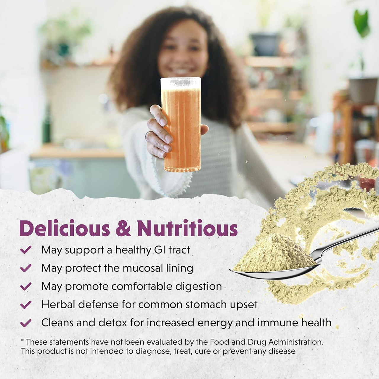 Woman drinking a glass of juice, delicious & nutritious Intestinal Repair graphic