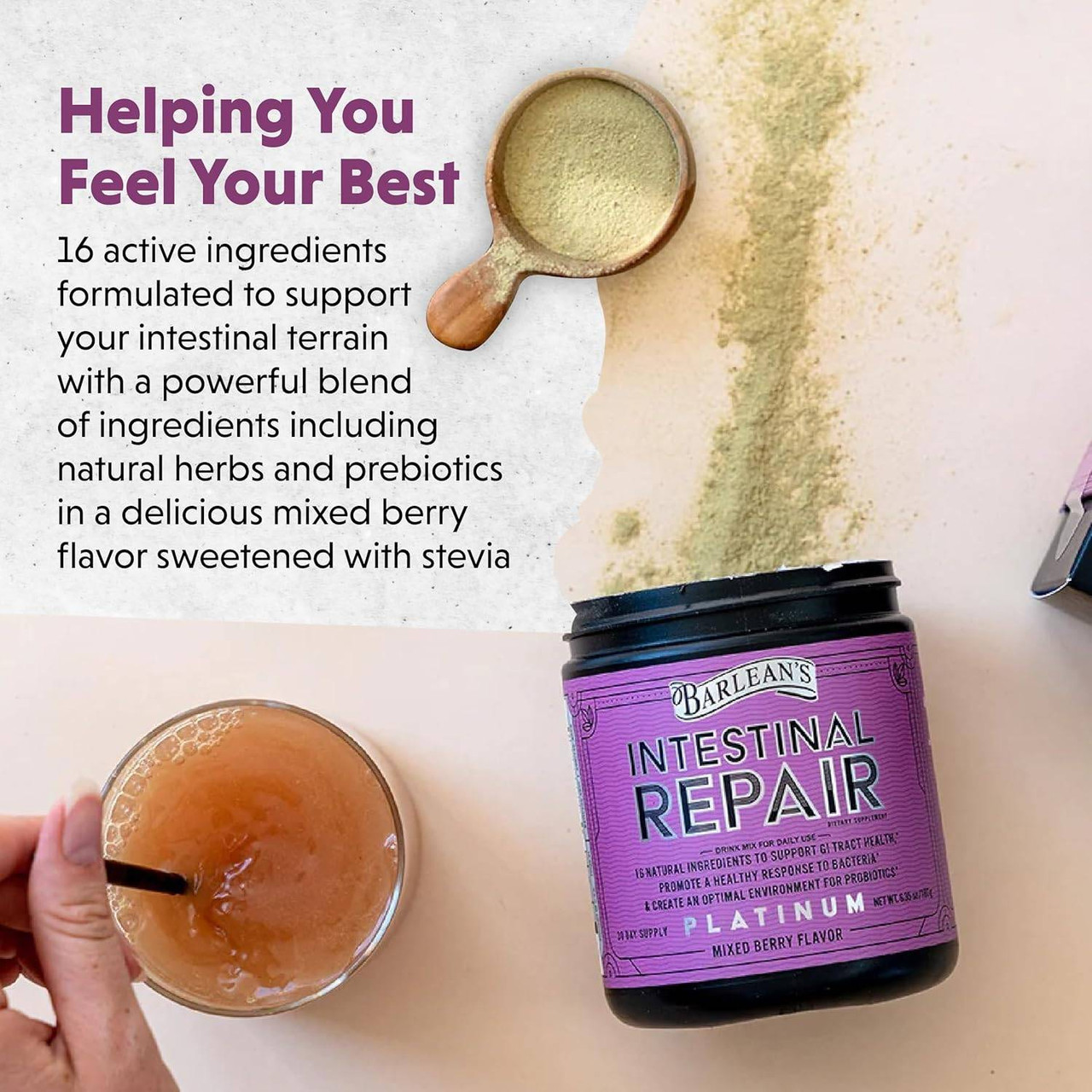 Intestinal Repair jar with drink and powder, 16 active ingredients graphic