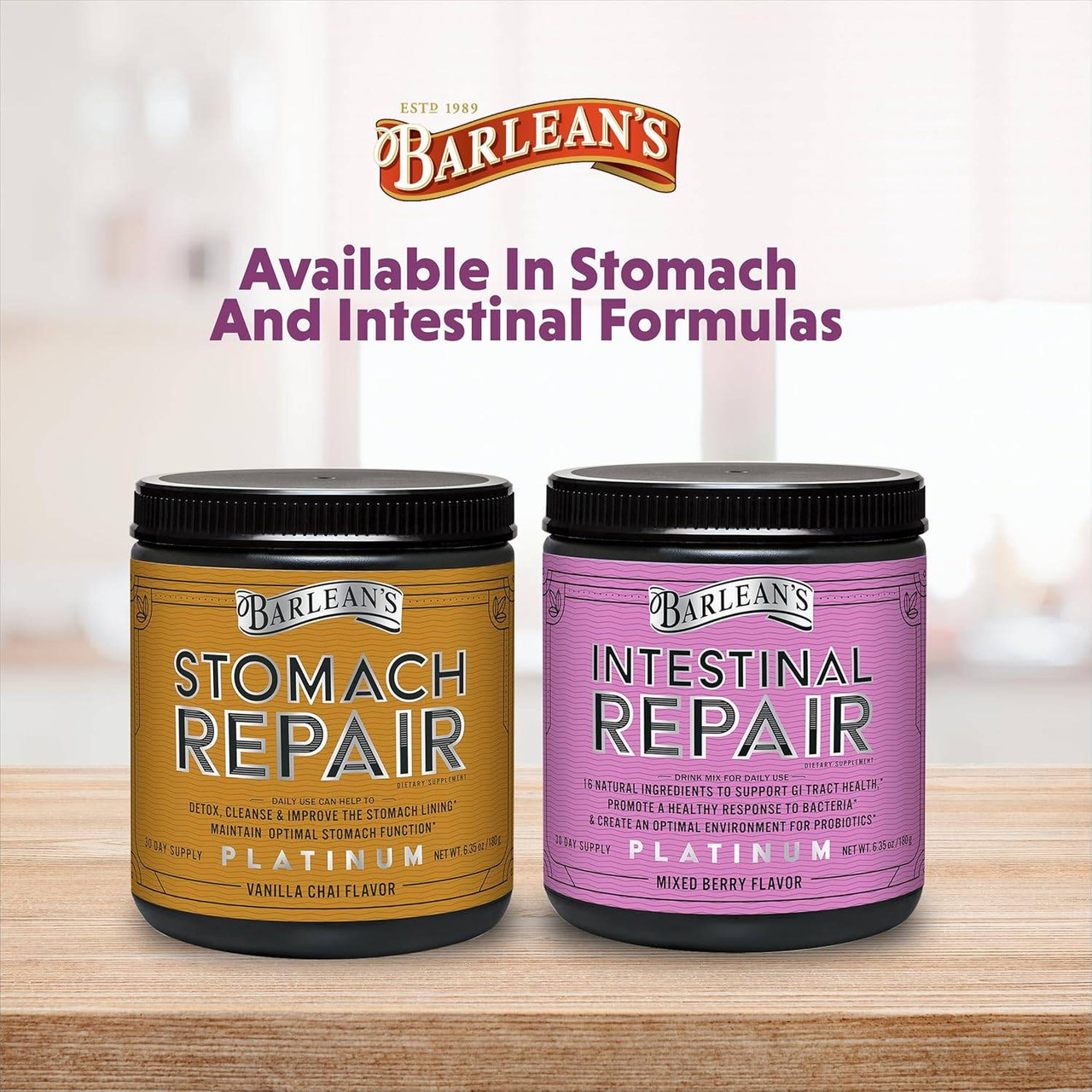 Stomach Repair and Intestinal Repair jars, available in two formulas graphic