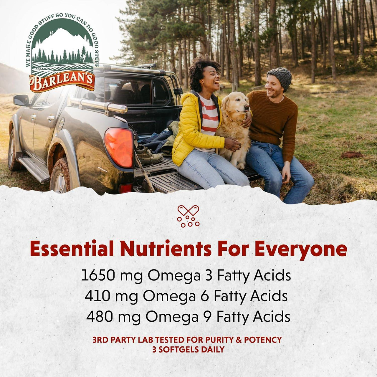 Couple with a dog on a truck tailgate, essential nutrients for everyone omega amounts graphic