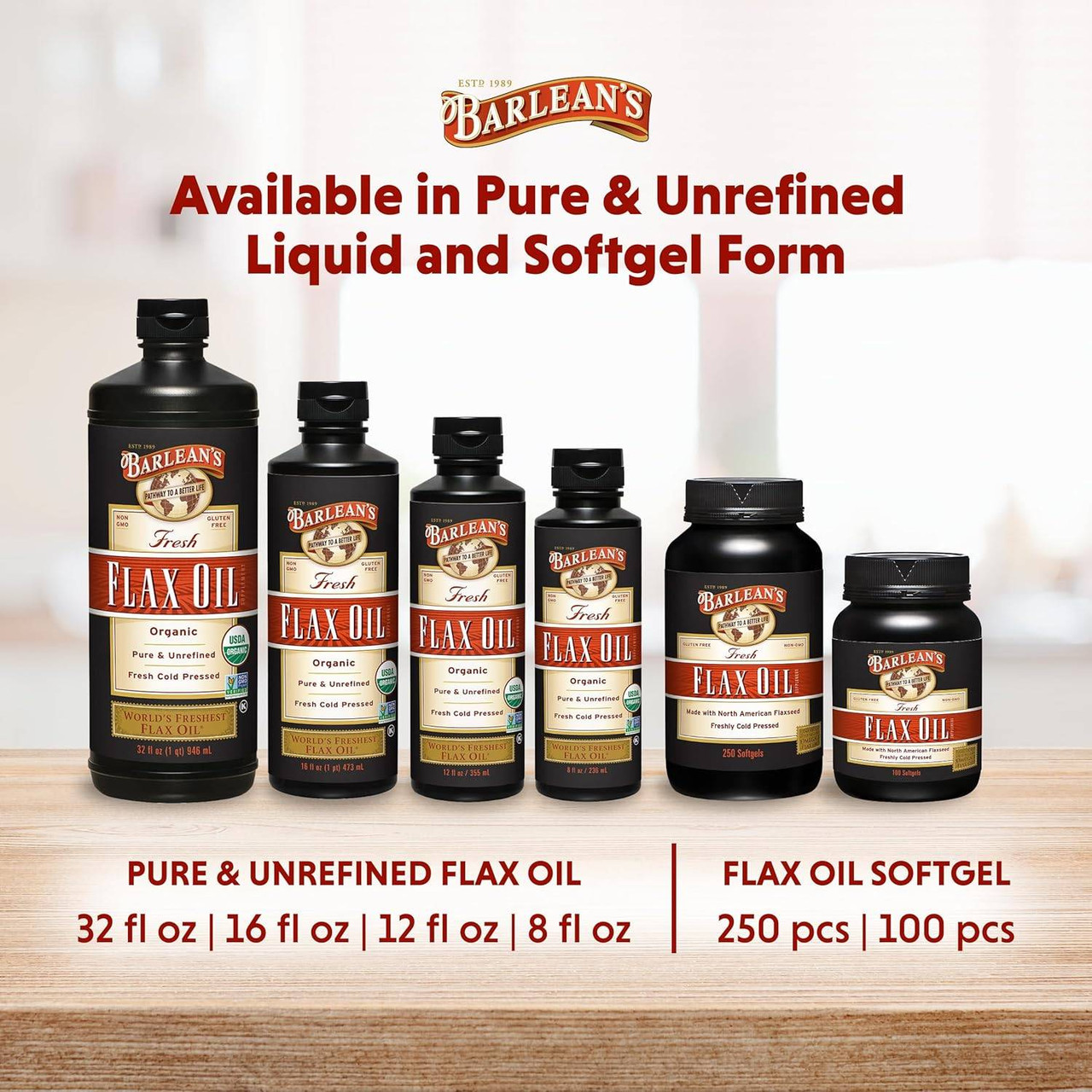 Flax Oil liquid and softgel bottles in multiple sizes graphic
