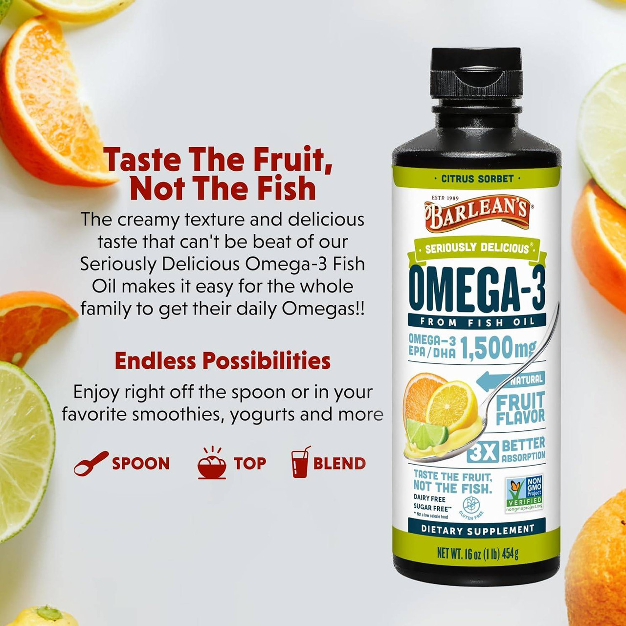 Citrus Sorbet bottle with oranges and limes, taste the fruit, not the fish graphic