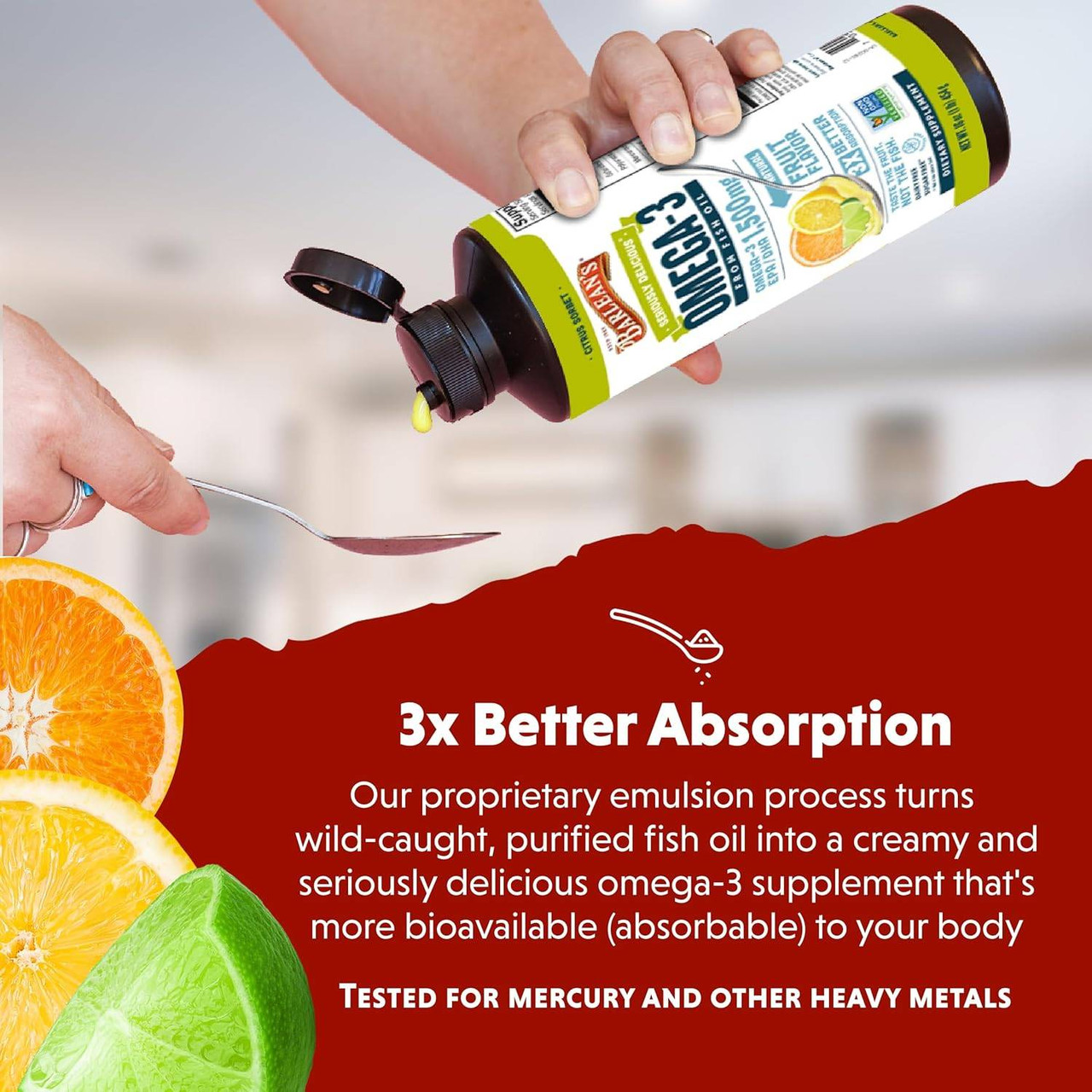 Pouring Citrus Sorbet Omega-3 onto a spoon, 3x better absorption graphic