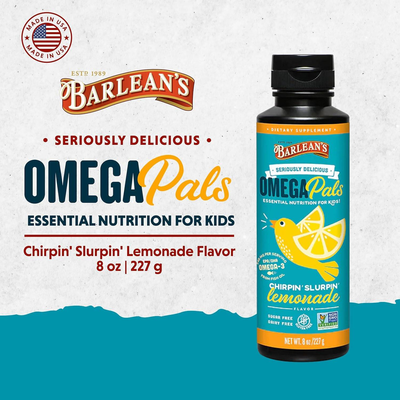 Omega Pals essential nutrition for kids, Chirpin' Slurpin' Lemonade flavor 8 oz (227 g) graphic