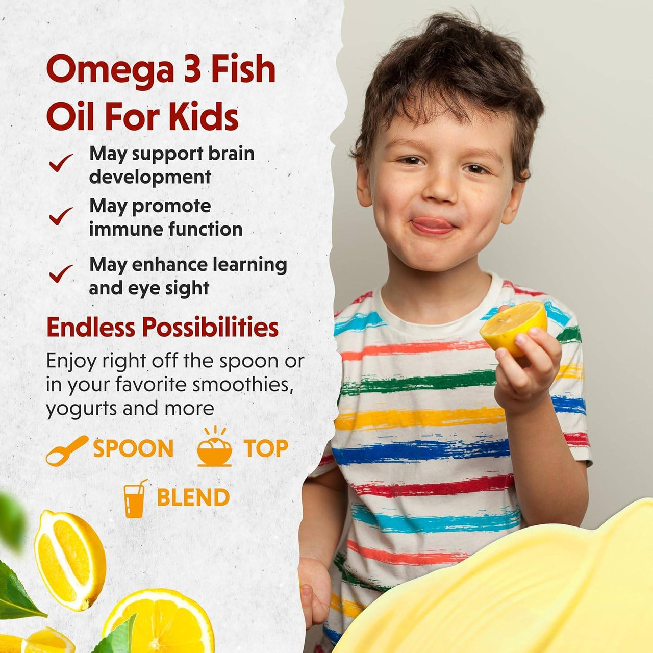 Boy holding a lemon slice, omega 3 fish oil for kids graphic