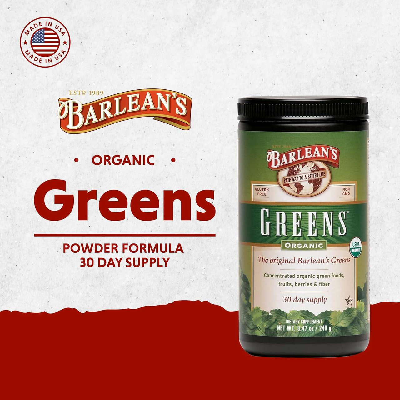 Barlean's Organic Greens jar, powder formula 30-day supply graphic
