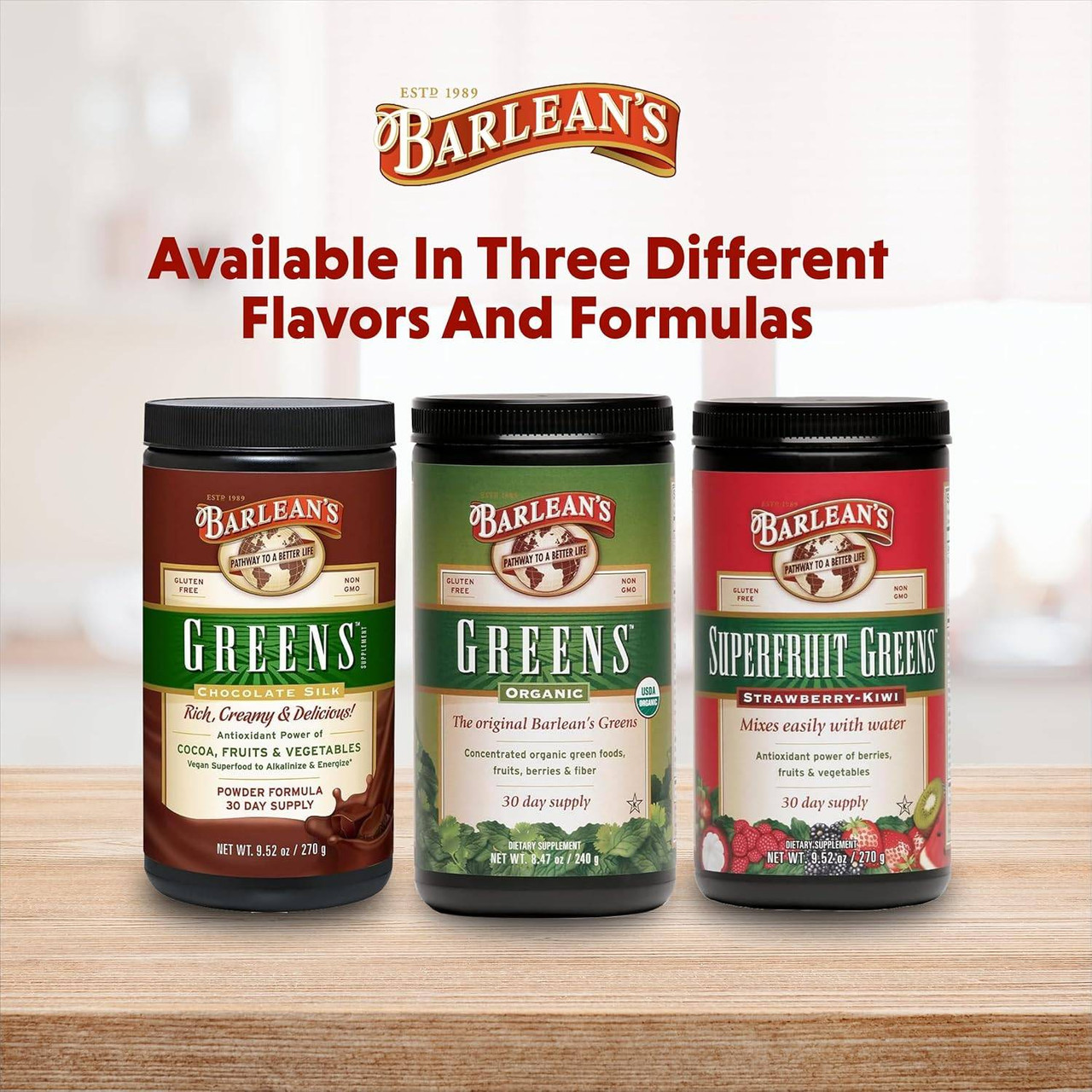 Three Barlean's Greens jars, available in three flavors and formulas