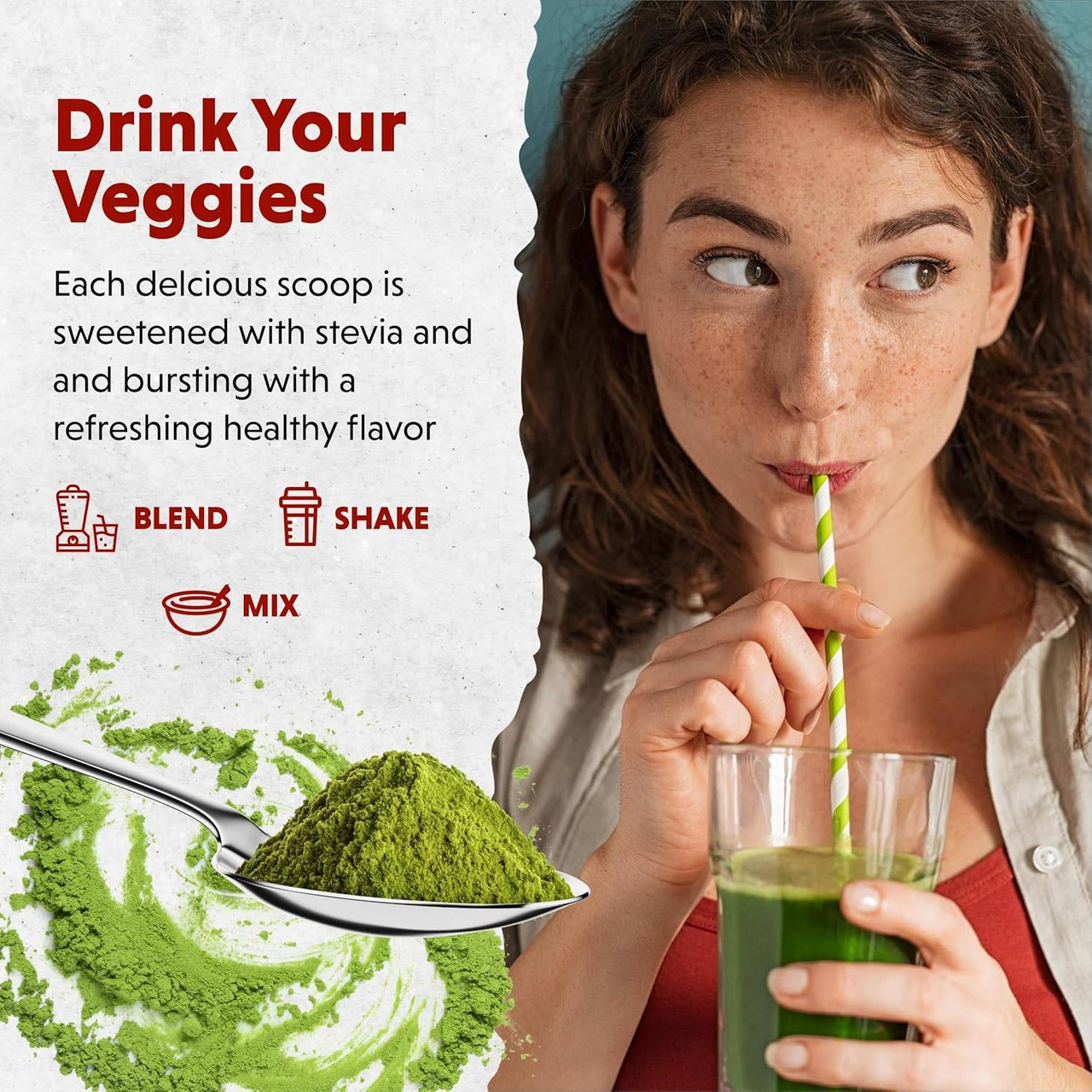 Woman sipping a green drink, drink your veggies graphic with a scoop of powder
