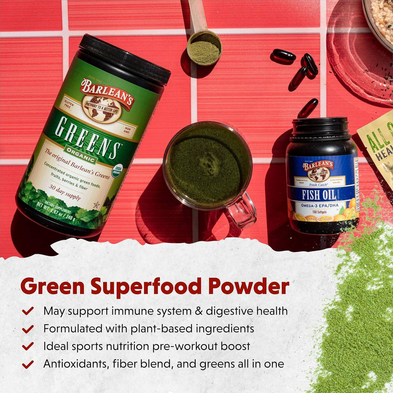 Barlean's Greens jar with fish oil and green powder, green superfood powder graphic
