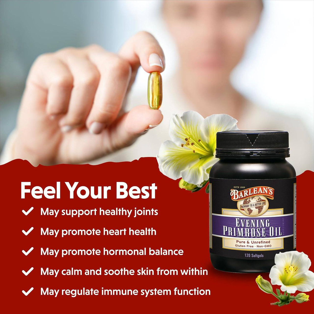 Hand holding a softgel beside the jar, feel your best graphic