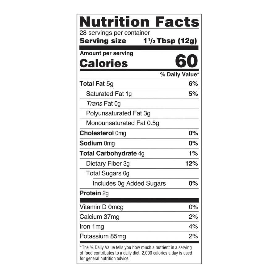 Raw Energy nutrition facts panel, 1 1/2 tbsp serving, 28 servings