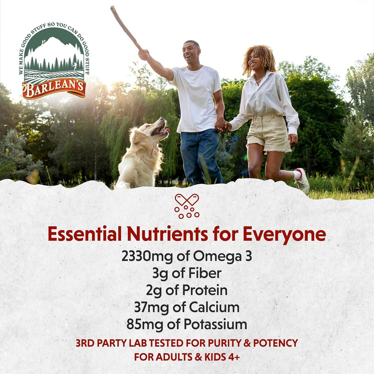 Couple playing with a dog, essential nutrients for everyone per serving