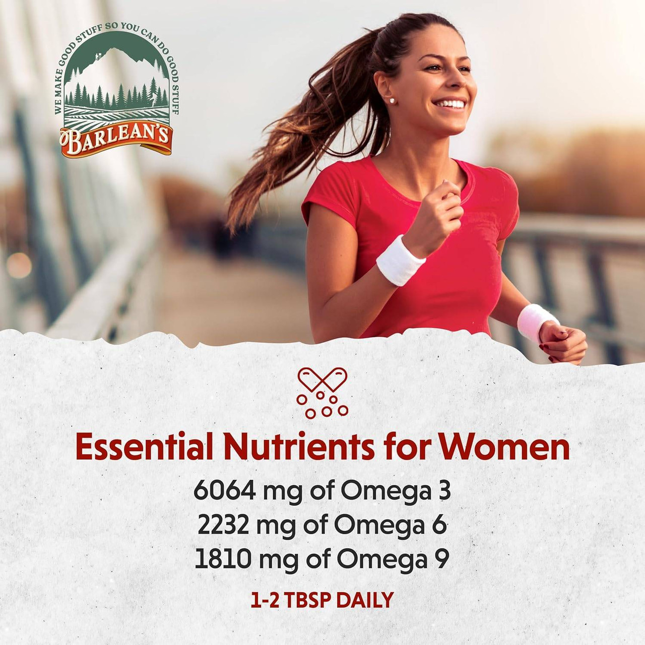 Woman running, essential nutrients for women omega amounts graphic